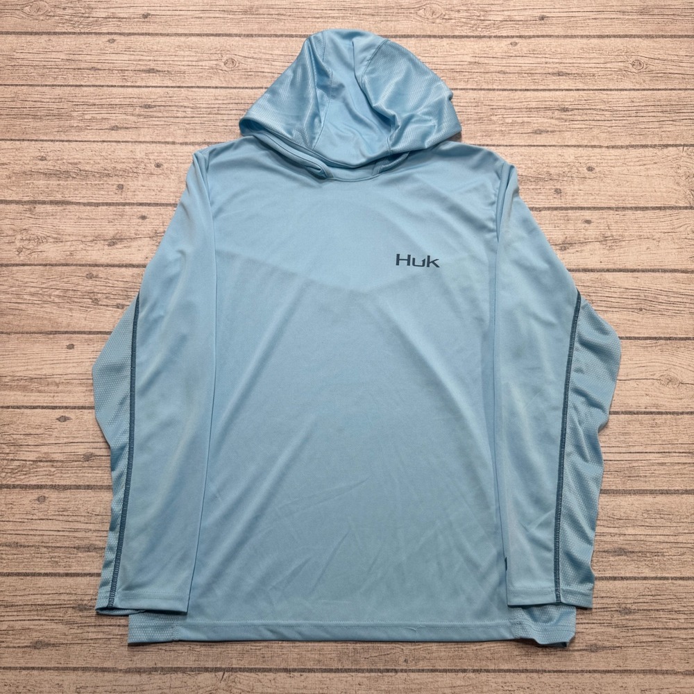 HUK Hoodie Men's Medium Blue Mesh Lined Long Sleeve Fishing Performance Outdoor